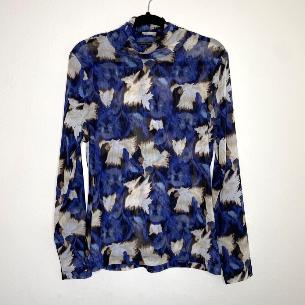 White House Black Market Mesh Top Blue Abstract Floral Mock Neck Sz Large